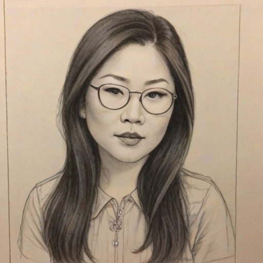 Superb Margaret Cho, pencil sketch, portrait of Charming woman 1974s in glasses, hair style beatnik, outline, clear lines, fine lines, 8k