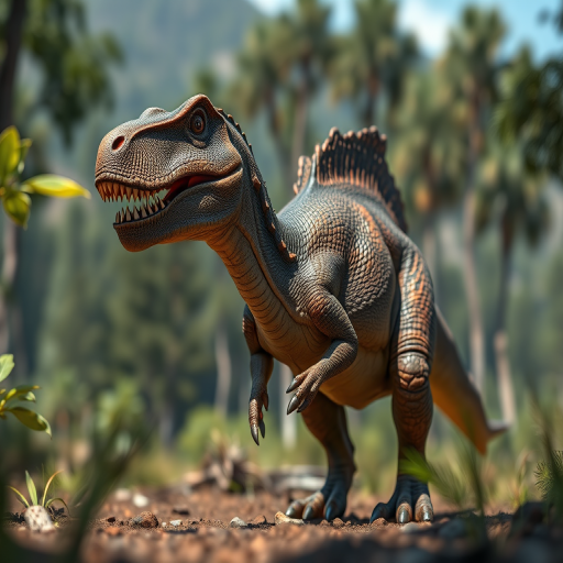 Create a highly detailed render of a dinosaur standing in a natural environment, using a DSLR camera with a 50mm lens at f/2.8, ISO 100, 1/200 sec exposure, taken from a low angle to capture dynamic lighting and emphasize the creature's features.