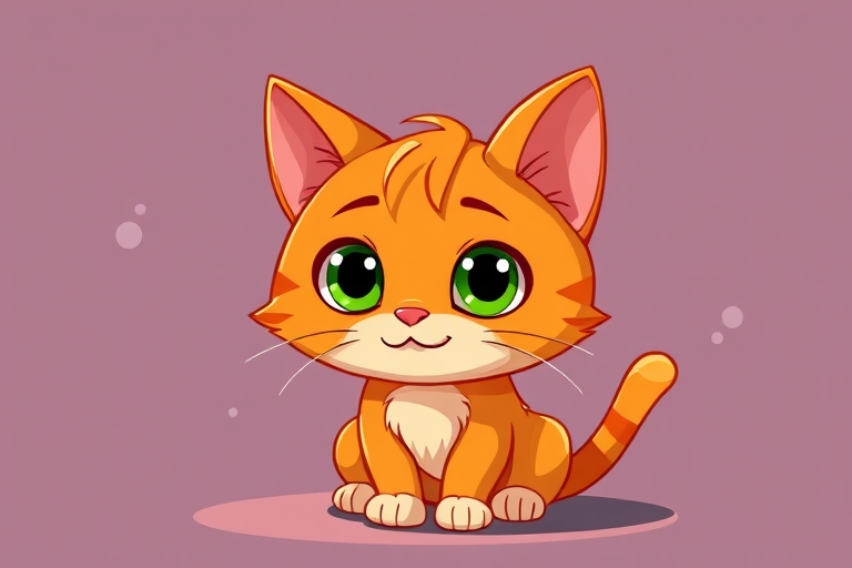 Generate a high-resolution cartoon-style image of a cute orange cat with large green eyes, sitting pose, soft lighting, using a DSLR camera with an aperture of f/2.8, ISO 100, focal length 50mm, at a 45-degree angle view for enhanced detail and depth.