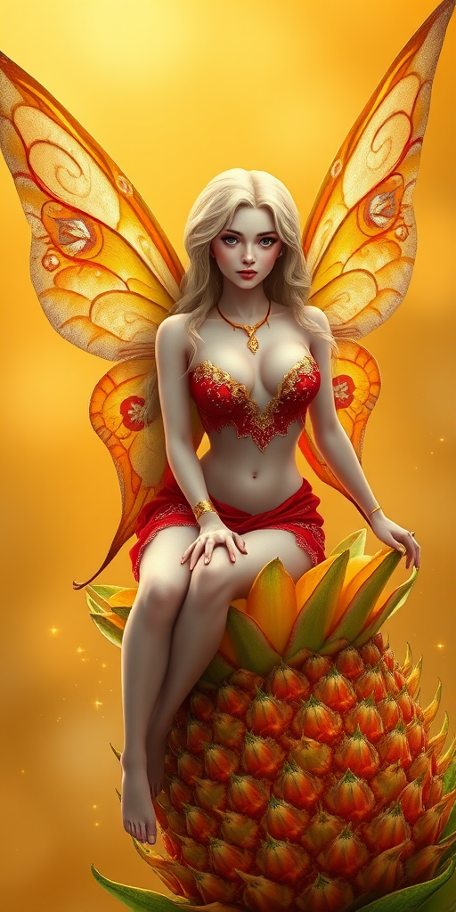A digital artwork features a winged fairy with delicate Tan butterfly wings, adorned with intricate Tangerine andAsparagus patterns. She is seated on a vibrant Pineapple flower, wearing a revealing red two-piece outfit with sparkling beadwork. Her fair skin, long blonde hair, and gold jewelry add to her ethereal appearance. The background is a warm, golden gradient, creating a magical atmosphere. Small glowing orbs and sparkles surround the flower, enhancing the enchanting, highly detailed, and realistic scene.