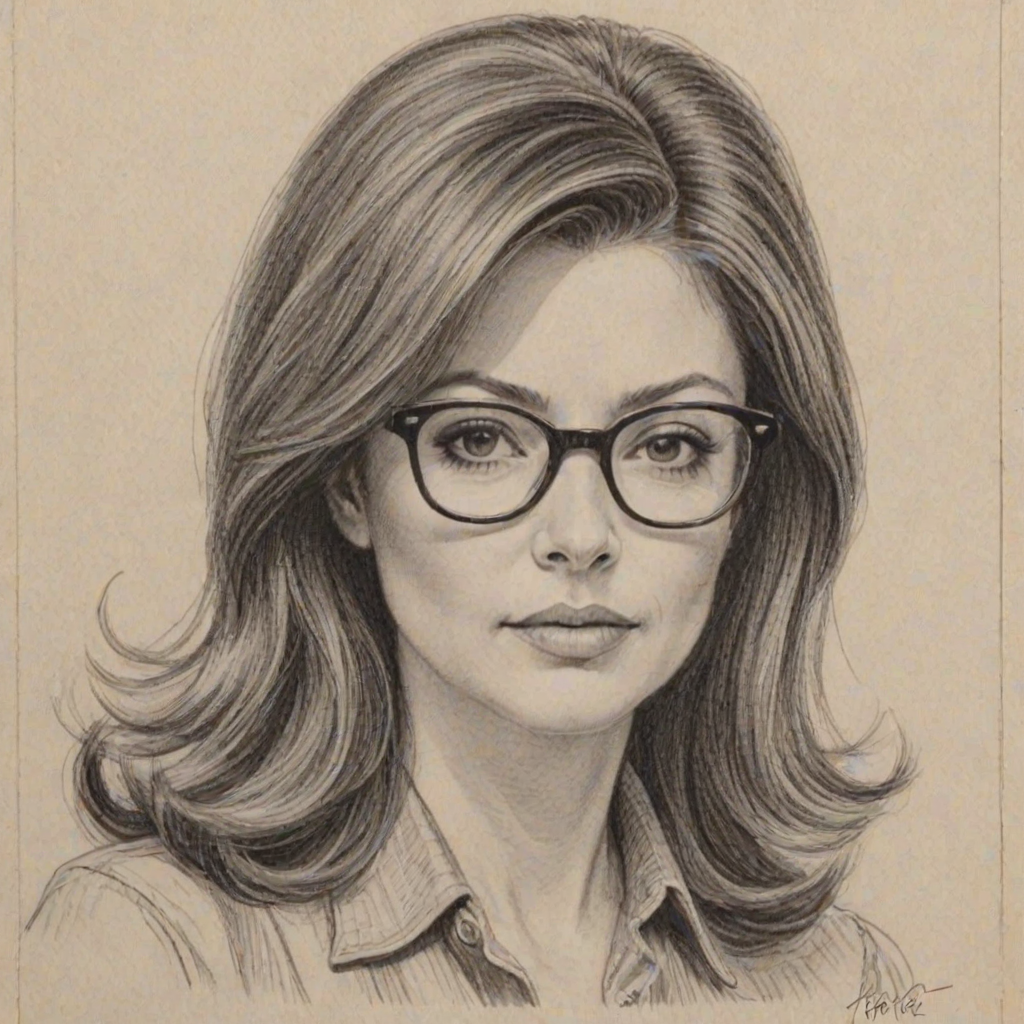 Fascinating Jane Leeves, pencil sketch, portrait of Bewitching woman 1961s in glasses, hair style beatnik, outline, clear lines, fine lines, 8k