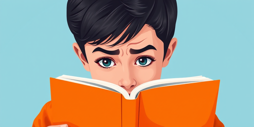 A young person peering over an orange book with a puzzled expression, minimalist background with soft blue tones, flat design illustration, shot with a digital camera at f/2.8, ISO 100, 50mm lens, top-down view, vibrant colors.