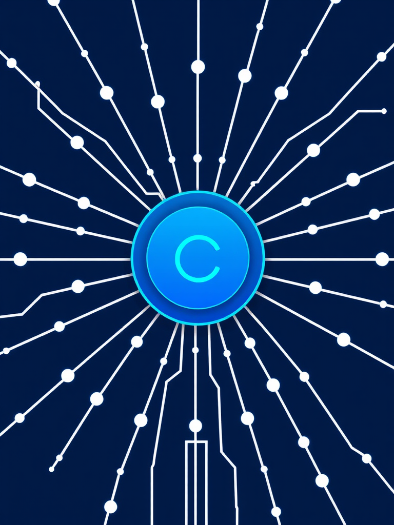Create a digital illustration of a blue circular code symbol in the center, connected to multiple branching lines that symbolize data flow, using a modern vector style with high contrast, captured with a Canon EOS R5 at f/8, ISO 100, 50mm focal length, in a flat lay perspective for clarity and sharpness.