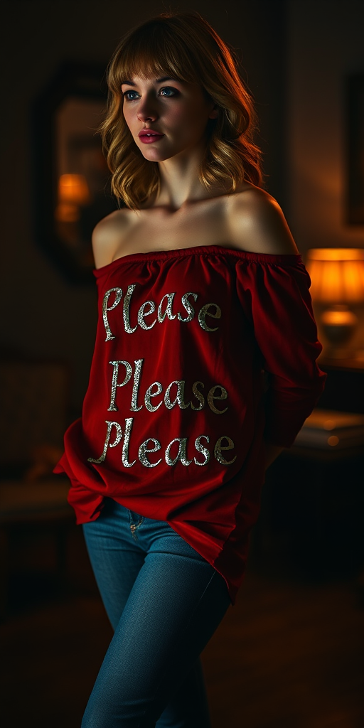 Full body shot photo of a young Caucasian woman standing in a dimly lit room with a moody, atmospheric vibe; the lighting is low, with warm shadows creating a mysterious, intimate ambiance. The woman has fair skin with natural textures such as subtle pores, and her wavy blonde hair with bangs frames her face, adding a soft glow where the dim light touches. She wears a red off-shoulder dress that drapes elegantly, with the phrase "Please Please Please" spelled out in shiny silver letters across the fabric paired with blue denim jeans and leather shoes, catching the faint light and adding a reflective detail that contrasts with the dark surroundings. Her expression is pensive, with a distant gaze slightly to her left, conveying a sense of introspection. The background is blurred but shows hints of vintage furniture, lending an old-fashioned and contemplative character to the scene. The overall composition is balanced, with the subject's placement to the right creating a dynamic tension that draws attention to both her and the shadows enveloping the room, while the lighting accentuates the rich details of her attire and the reflective lettering