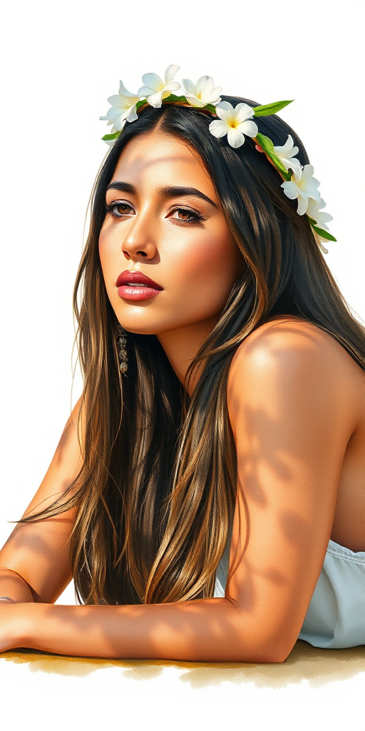 create a watercolor painting of an ethereal portrait of beautiful Guarani woman with a simple white flower crown on her head. Her hair is long and she is lying on the ground. The sunlight on the trees casts shadows from the leaves on her face and body. The background is a neutral brown color that matches her skin tone. The image is minimalist and solid colors. This style is characterized by soft, delicate brushstrokes and a light, airy, contrasting color palette. High level of detail and play of light