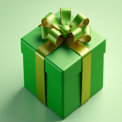 Create a realistic high-resolution illustration of a green gift box with a ribbon and bow, using a macro lens at f/2.8, 50mm focal length, soft lighting, and an isometric view to enhance depth and detail.