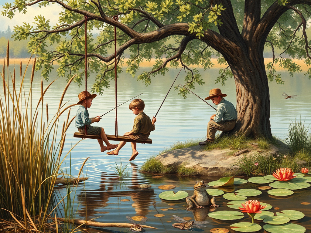 Imagine a small group of old fashioned young boys out fishing by the creek, a swing hanging from a tree branch, reeds and grasses by the water's edge, a frog sitting on a lily pad, dragonflies hovering over som water plans, a very iconic old fashioned scene reminiscent of a Norman Rockwell painting style