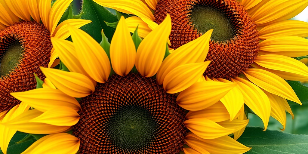 Create a detailed illustration of sunflowers with vibrant yellow petals and textured green leaves, captured from a low-angle view using a macro lens at f/4, ISO 100, and a shutter speed of 1/200s to enhance color saturation and detail.