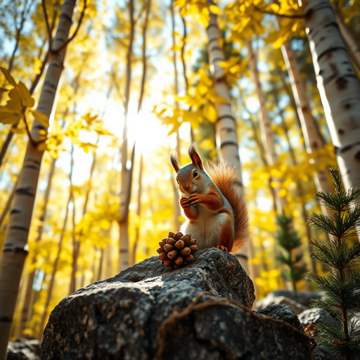 HD 8k close up of aspen trees , make the leaves have a bright but deep glowing effect, add black lines to highlight and detail the bark and leaves. The sun shines through a portion. Add some rock formations scattered throughout the forest area.  Place a squirrel close up on the rock formation. The view is eye level with the squirrel. The squirrel is cute and plump while he is trying to open a pine cone. Add a few dark green pine trees randomly.