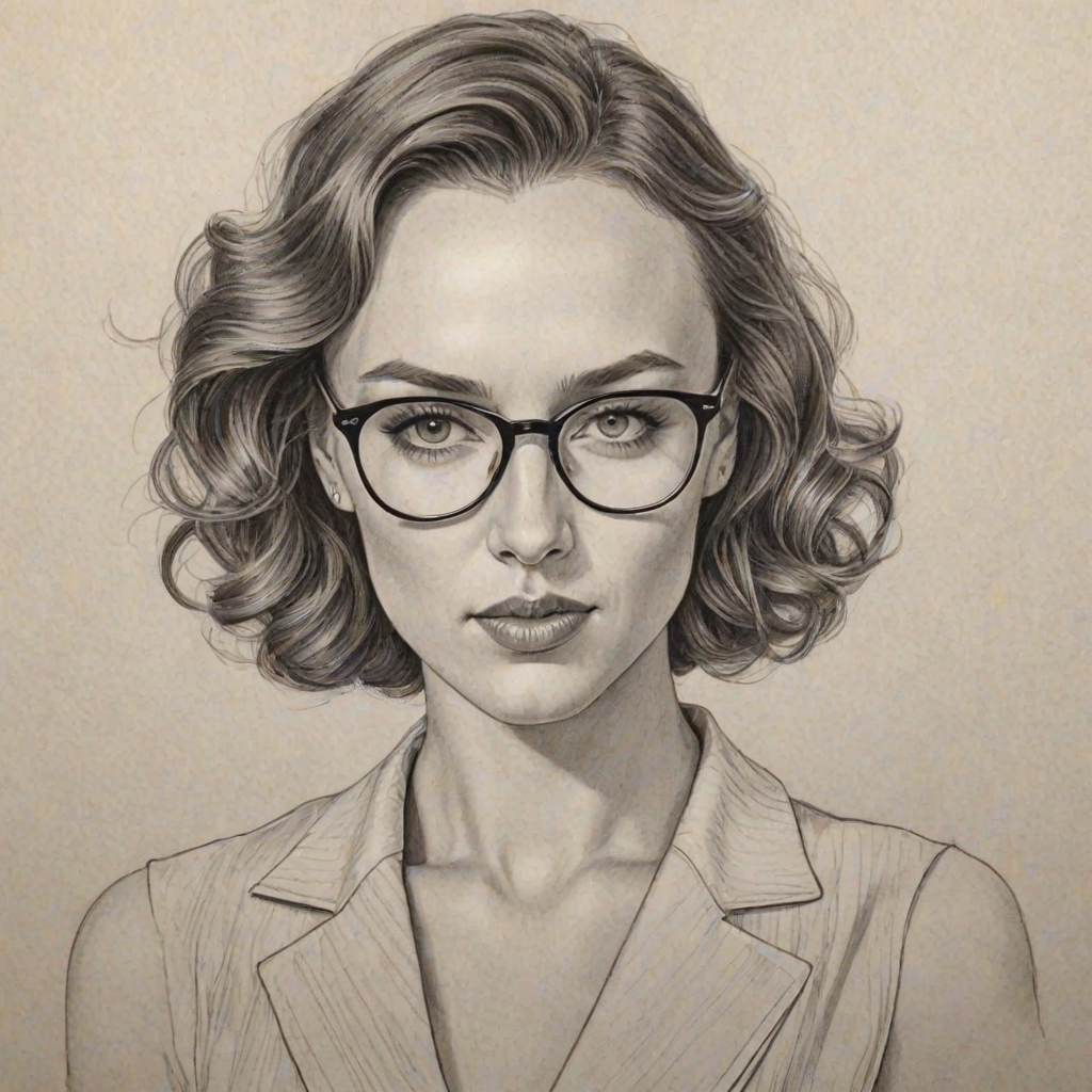 Exquisite Jessica McNamee, pencil sketch, portrait of Elegant woman 1935s in glasses, hair style beatnik, outline, clear lines, fine lines, 8k