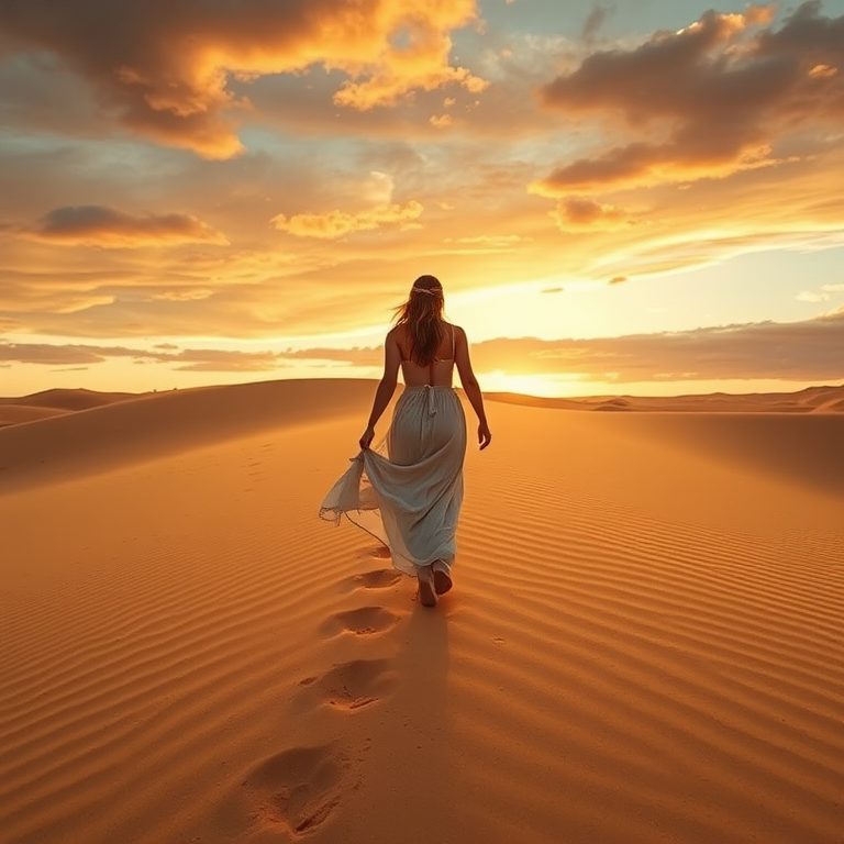 A lone figure in a flowing dress walking through golden sand dunes at sunset with a dramatic sky, captured with a Canon EOS R5, 50mm lens, f/2.8 aperture, ISO 100, 1/200s shutter speed, using a wide-angle view for enhanced depth and clarity.