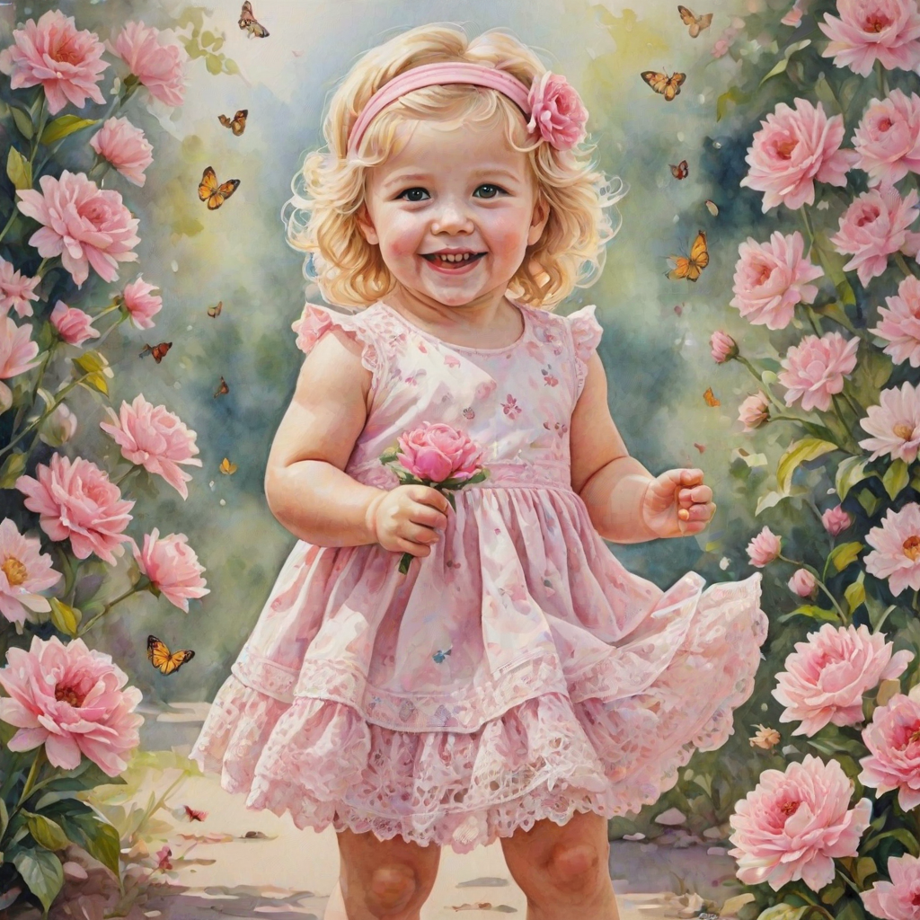 hyperrealism happy smiling toddler girl with messy wavy blonde hair with a headband, she is wearing a pink and white lace dress with pink and white shoes, she is holding a pink bouquet of flowers. Pink flowers and butterflies. summer background. Watercolor Highly detailed