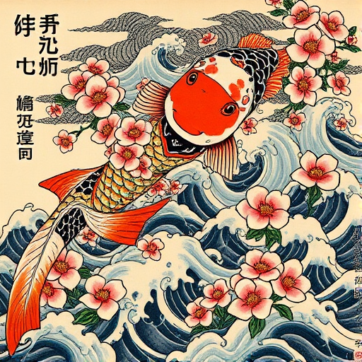 Japanese irezumi tattoo titled "Koi's Ascension" depicting a powerful koi fish swimming upstream through turbulent waters and cascading cherry blossoms, rendered in rich, vibrant colors with bold black outlines and intricate background patterns, incorporating traditional Japanese motifs such as waves, clouds, and wind bars to enhance the narrative quality of the design, perfect for those seeking a bold and culturally significant tattoo that symbolizes perseverance and transformation