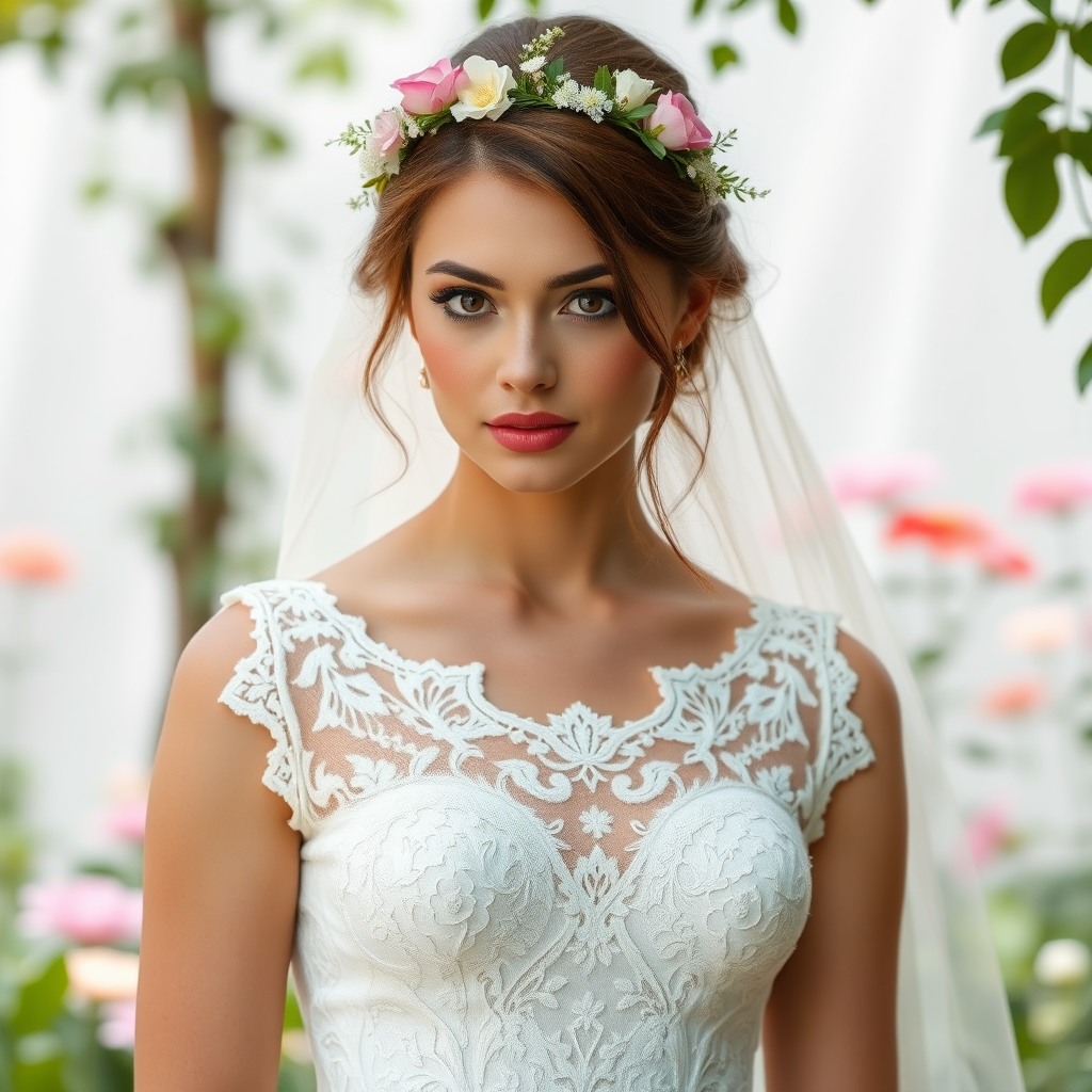 garden scene, bridal model, delicate lace gown, floral headpiece, soft romantic focus, high-key lighting and an 85mm lens for soft, even tones that highlight the model’s face and bright outfit against a white or light background