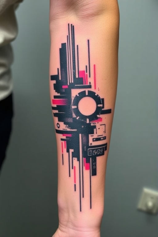 Glitch art-inspired tattoo on the forearm, featuring distorted digital imagery and pixelated elements, creating an illusion of technological malfunction on the skin