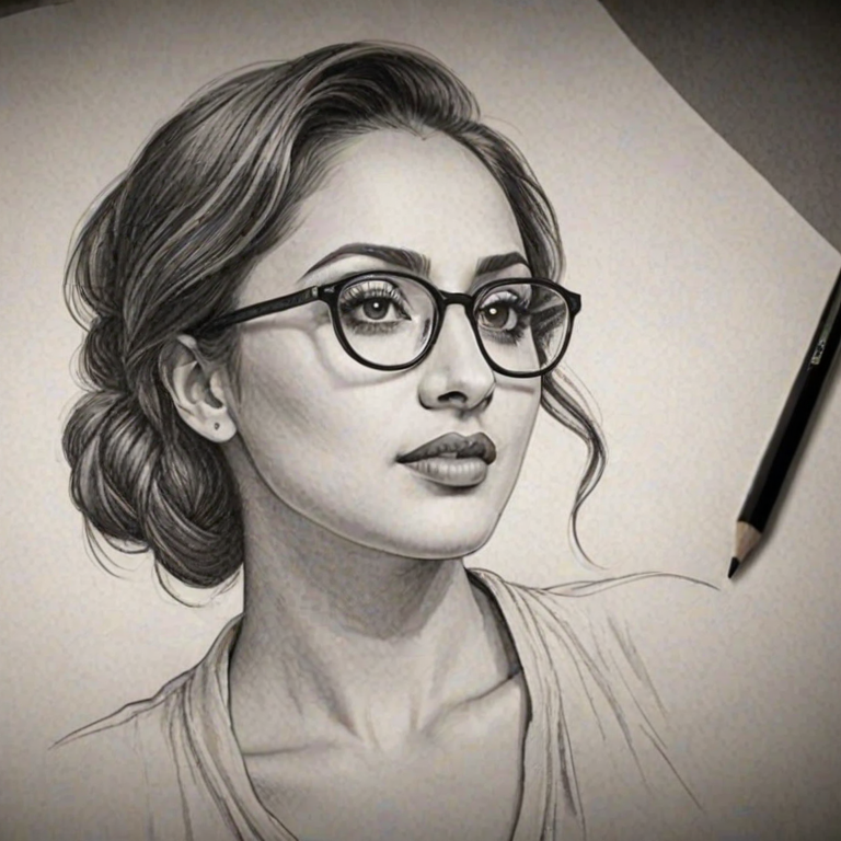 Sublime Francia Raisa, pencil sketch, portrait of Stunning woman 1932s in glasses, hair style beatnik, outline, clear lines, fine lines, 8k