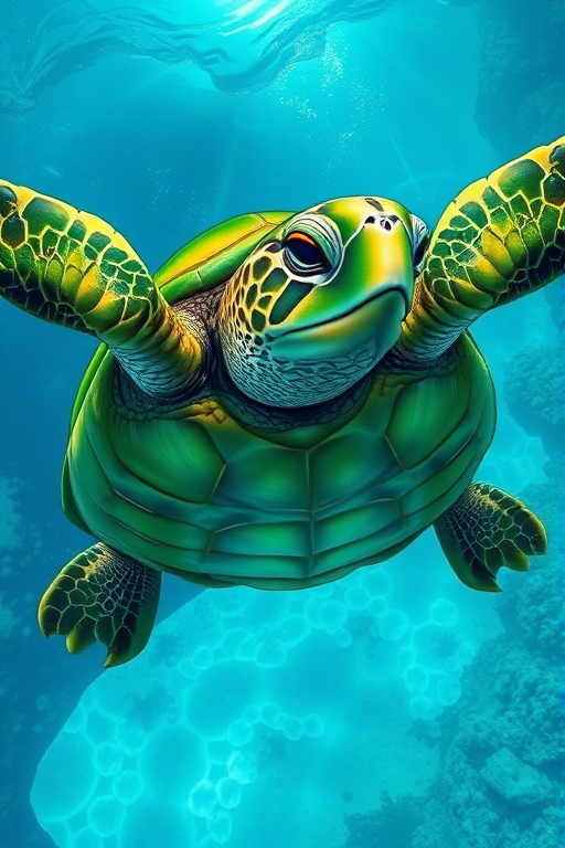 Create a vibrant green turtle illustration with detailed scales, underwater background, captured with a DSLR camera, f/8 aperture, 1/250s shutter speed, ISO 200, top-down view, in high-resolution, digital art style.
