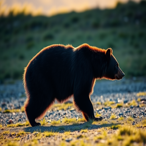 Generate a high-resolution image of a bear silhouette walking, captured with a Canon EOS R5 at f/8, ISO 200, 1/500s, with a shallow depth of field and natural lighting, in a side view perspective.
