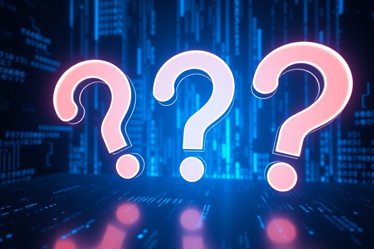 Create an image of three glowing question marks in a futuristic blue digital background, using a DSLR camera with a 50mm lens, aperture f/1.8, ISO 200, and a 1000 shutter speed for enhanced clarity and detail.