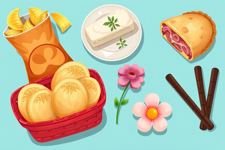 Create a colorful illustration of various snacks including potato chips, cream cheese with herbs, a ham and cheese wrap, a pie, dumplings in a red basket, a pink flower, and chocolate sticks, rendered in a bright and playful style with high detail, using a digital painting technique at 300 DPI, top-down view, soft lighting, and vibrant colors for enhanced visual appeal.