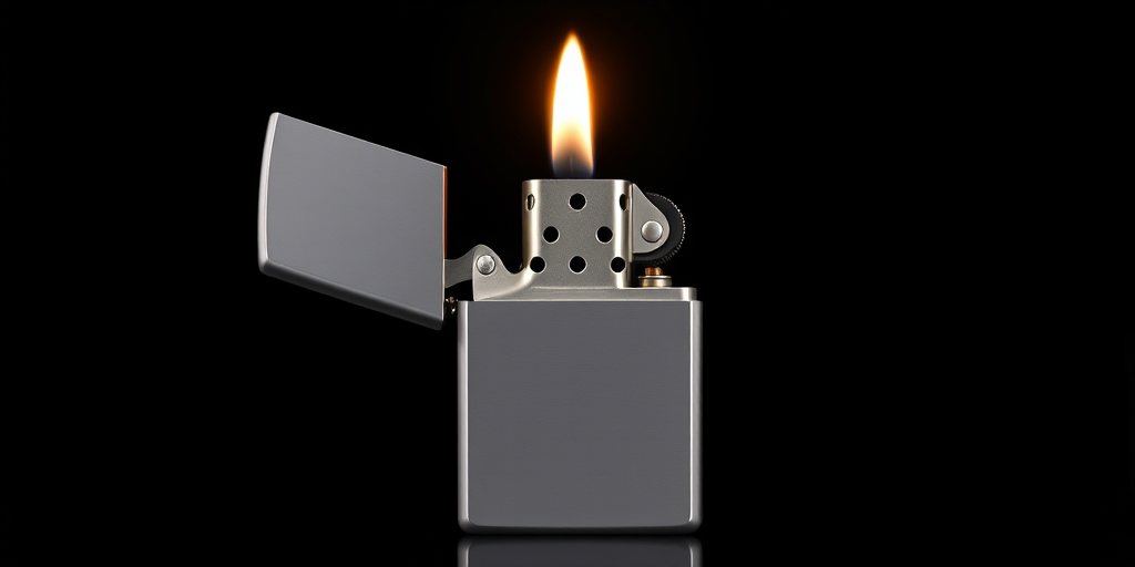 Create a highly detailed digital illustration of a silver lighter with the lid open and a flame emerging, centered in the frame against a smooth black background, using a Canon EOS 5D Mark IV, 50mm lens, aperture f/1.8, ISO 100, with soft lighting to enhance reflections and shadows for a professional look.