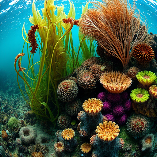 Create an underwater scene with varied seaweed and coral structures, focus on vibrant greens and browns, shot with a DSLR camera at f/8, 1/250s, ISO 100, wide-angle lens, capturing a deep-sea perspective with soft lighting and high resolution.