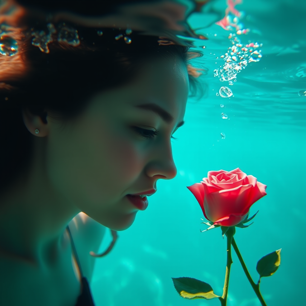 A woman underwater, gazing at a rose Her face is reflected in the water's surface The scene is illuminated by sunlight filtering through the water The atmosphere is serene and contemplative