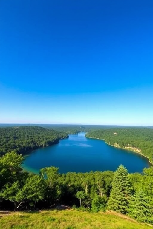 Create a high-resolution image of a serene landscape featuring a tranquil lake surrounded by lush greenery under a clear blue sky, shot with a DSLR camera, aperture f/8, ISO 100, 24mm focal length, and utilizing a wide-angle lens to capture the expansive view.