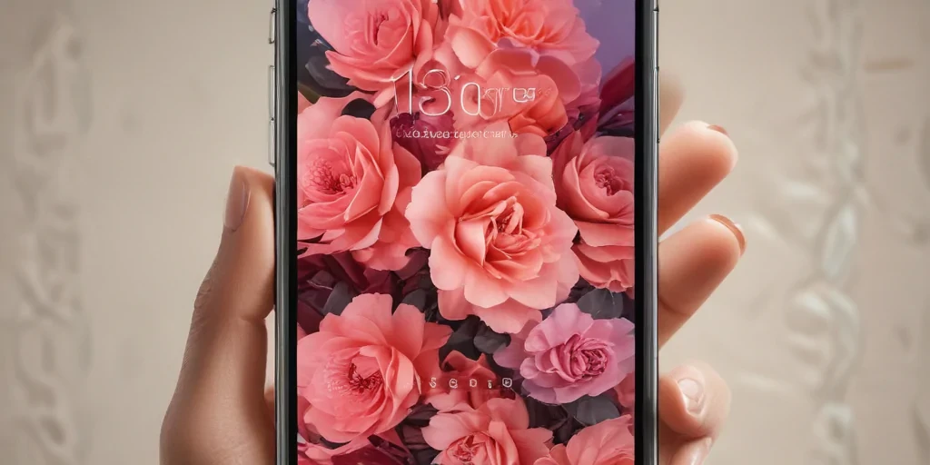 Beautiful Floral Wallpaper on Smartphone Display with Hand Holding Device