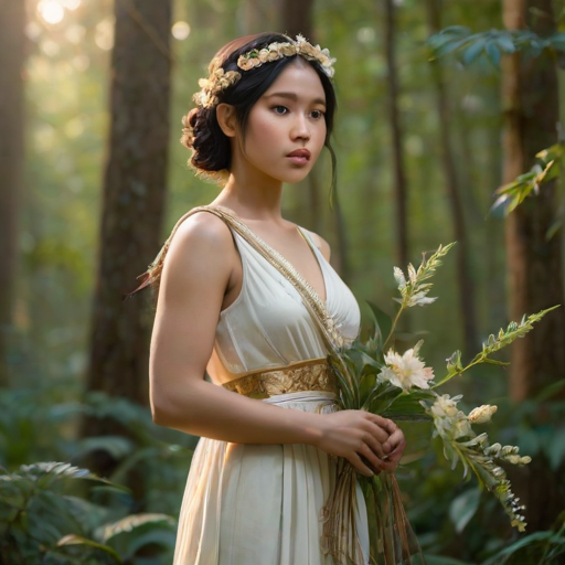 Create a portrait of a goddess-like Indonesian girl figure in a tranquil, forested environment. She has an elegant appearance with long, wavy hair styled in an updo and adorned with a delicate, floral headband. She wears a flowing, ancient Greek-inspired gown in a soft, pale color, featuring a one-shoulder design and draped fabric that accentuates her graceful form. The outfit includes a decorative belt with ornate gold detailing, and she holds a bow in her hand, with a quiver of arrows slung over her shoulder. The background depicts lush greenery, with sunlight filtering through the trees, casting a gentle, ethereal light on the scene. Her expression is calm and contemplative, embodying a sense of wisdom and serenity.
