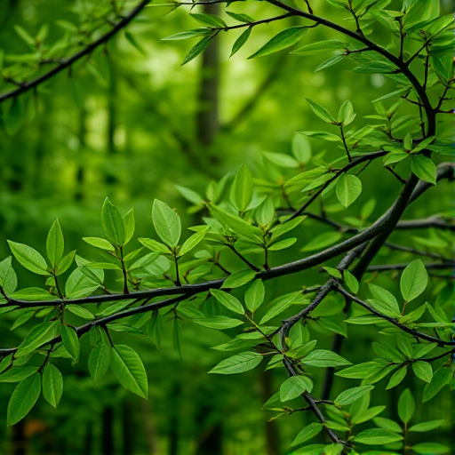 generate a high-resolution image of an intricate pattern of green leaves intertwined with branches in a lush forest setting, using a DSLR camera with a 50mm lens, aperture set to f/2.8, ISO 200, and a shallow depth of field to enhance detail and texture.