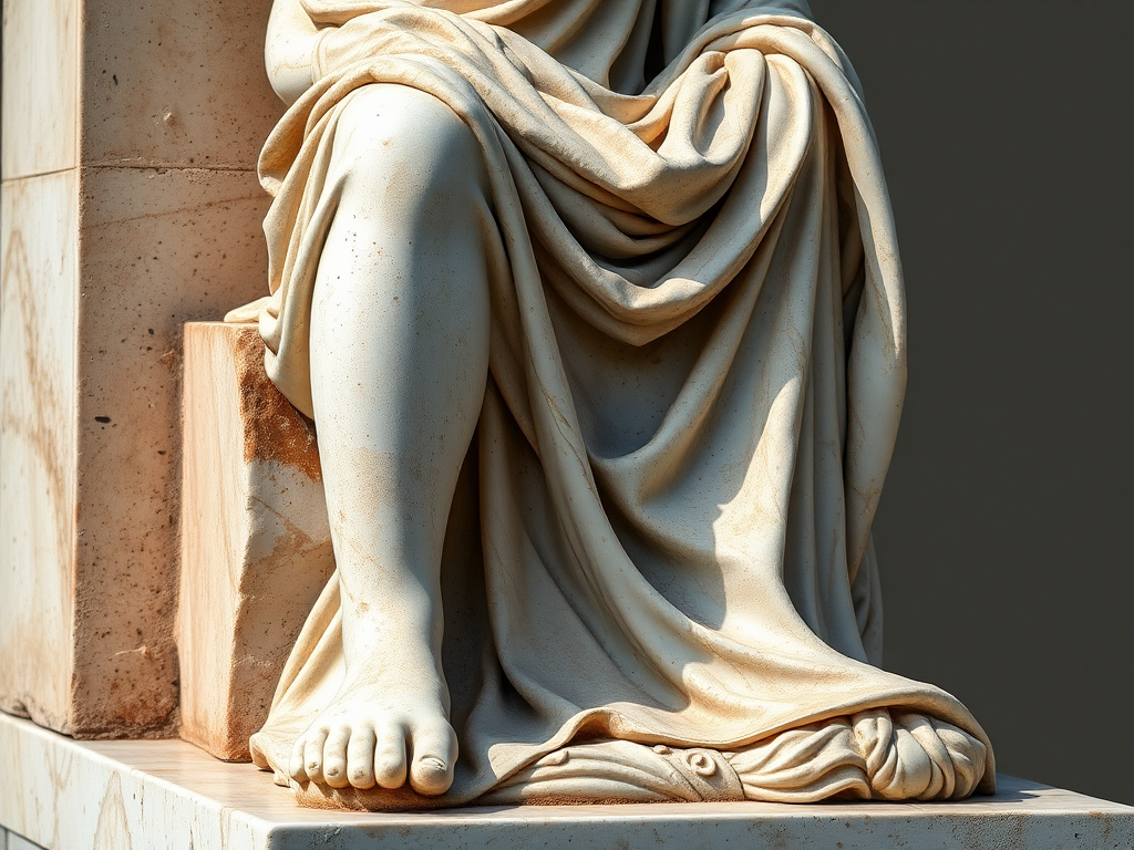Generate a high-resolution image of a weathered marble statue of a seated figure draped in flowing garments, captured with a DSLR camera at f/8 aperture, 50mm lens, ISO 100, in natural light from a slight angle to emphasize texture and detail.
