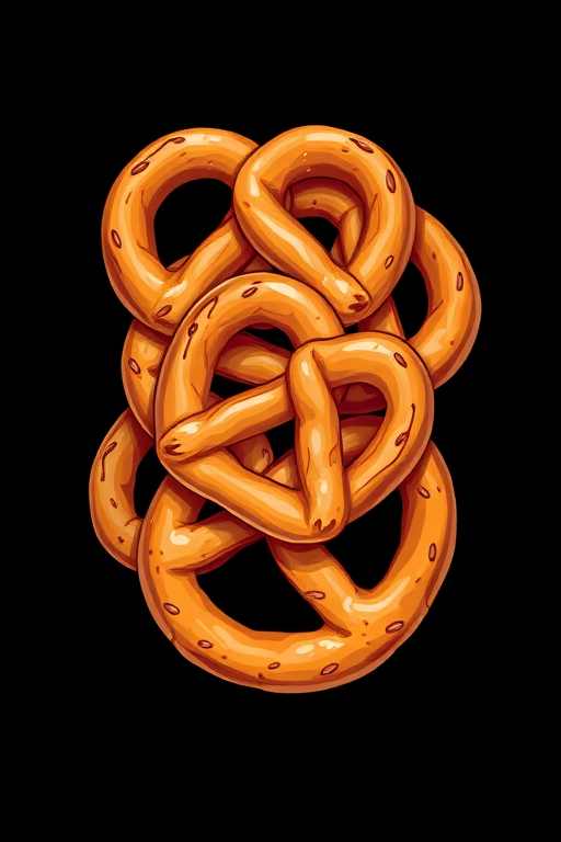 Create an illustration of several pretzels stacked together on a black background, using a digital drawing style with a high-resolution setting of 300 dpi, capture the scene from a top-down view with a vibrant color palette to enhance the details and textures of the pretzels.