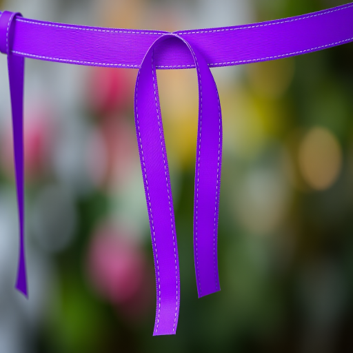 Create an image of a purple ribbon with dashed borders hanging down, using a 50mm lens at f/2.8, ISO 100, with a soft focus background, taken from a top-down view using a DSLR camera.