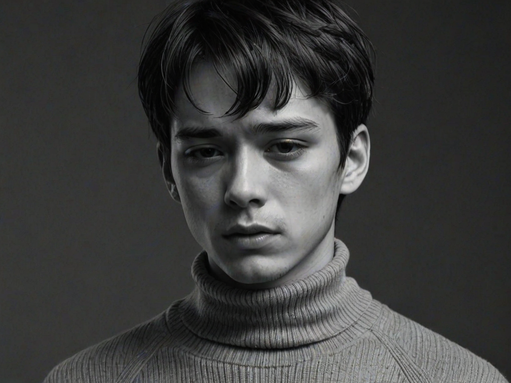tsurime, 1boy, black background, crying, crying with eyes open, greyscale, looking down, male focus, monochrome, parted lips, portrait, shirt, short hair, simple background, solo, sweat, tears, teeth, turtleneck, turtleneck sweater