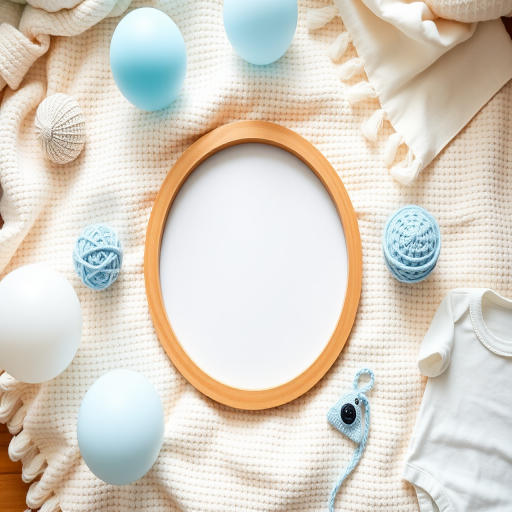 Create an image of a flatlay setup featuring a wooden round frame in the center on a textured cream blanket, surrounded by soft blue and white balloons, a knitted ball, a crochet item, and a white onesie, photographed with a Canon EOS R5, 50mm lens, f/2.8 aperture, 1/125s shutter speed, and natural light from a window to enhance the soft pastel tones and textures.