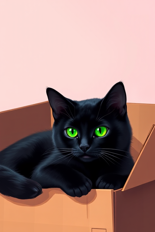 Create a digital illustration of a black cat lounging in a cardboard box with glowing green eyes, using a bright pastel background, captured with a 50mm lens at f/2.8, ISO 100, 1/200s, in a studio lighting setup to enhance clarity and color vibrancy.