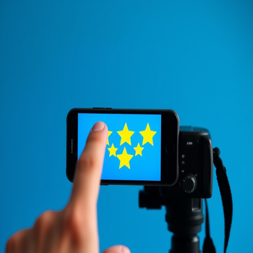 Create an image of a hand pointing at five yellow stars on a smartphone screen against a solid blue background, using a DSLR camera with a 50mm lens, aperture set to f/2.8, ISO 100, and a shallow depth of field for a blurred background effect.
