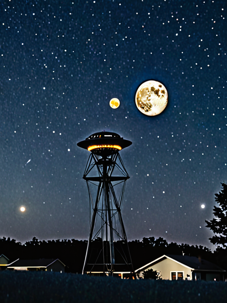 aliens in ufos across a light up night sky by a giant moon