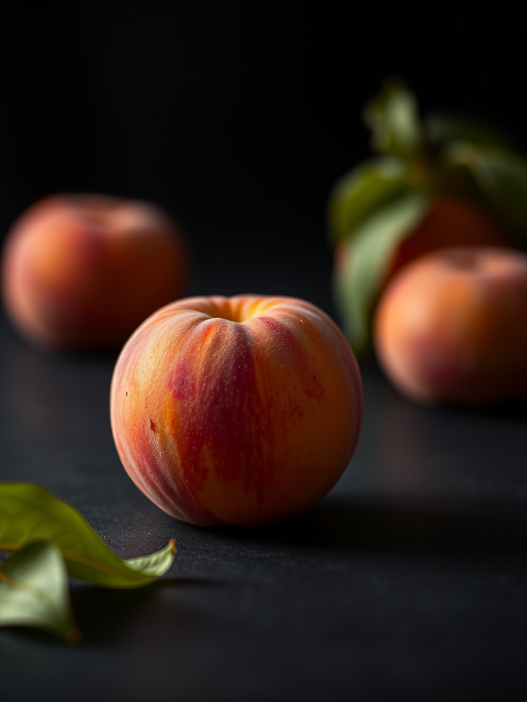 Still life photography of a single peach on a black backdrop, shallow depth of field, f/2.8 aperture, ISO 100, 50mm lens, soft natural lighting, focus on the peach with blurred background elements, high dynamic range.