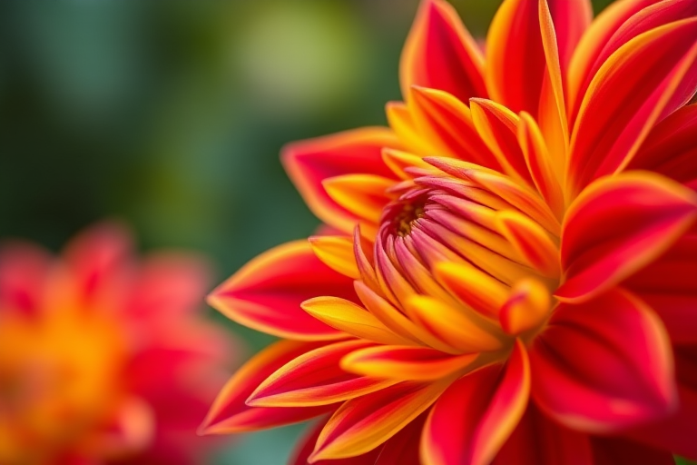 close-up shot of a vibrant red and yellow dahlia flower with soft bokeh background, aperture f/2.8, shutter speed 1/200 sec, ISO 100, using a macro lens on a DSLR camera, natural lighting for enhanced color and detail