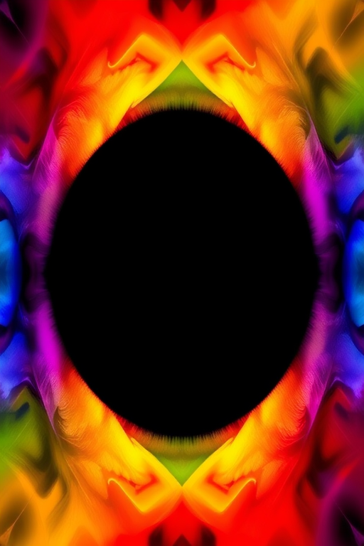 Create an abstract image featuring a vibrant color gradient frame with a black center, shot with a DSLR camera at f/2.8, ISO 100, 1/60s, with a wide-angle lens, in a top-down view, using high dynamic range (HDR) style.