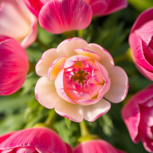 close-up shot of a pink and white ranunculus flower, shallow depth of field, natural lighting, f/2.8 aperture, 1/250 sec shutter speed, 50mm lens, DSLR camera, top-down angle, vibrant colors, high-resolution detail