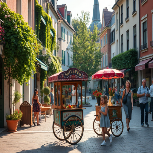 regenerate a vibrant street scene in a charming town square during the daytime, featuring a vintage music cart, a little girl interacting with pedestrians, with lush greenery lining the buildings, soft sunlight illuminating the scene, captured with a Canon EOS R5, 35mm lens, aperture f/4, ISO 200, shutter speed 1/250s, natural light, shallow depth of field for a dreamy effect