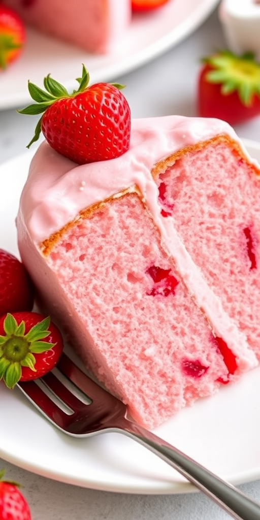 A slice of pink strawberry cake with a smooth frosting and fresh strawberries on a white plate with a fork beside it, showcasing the moist texture and fruity bits inside the cake.