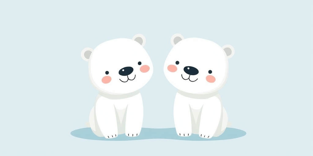 Create a digital illustration of two cute, simplistic polar bear characters on a soft blue background, using a Canon EOS R5 with a 50mm lens, f/2.8 aperture, ISO 200, and a shallow depth of field for a clean, vibrant look.