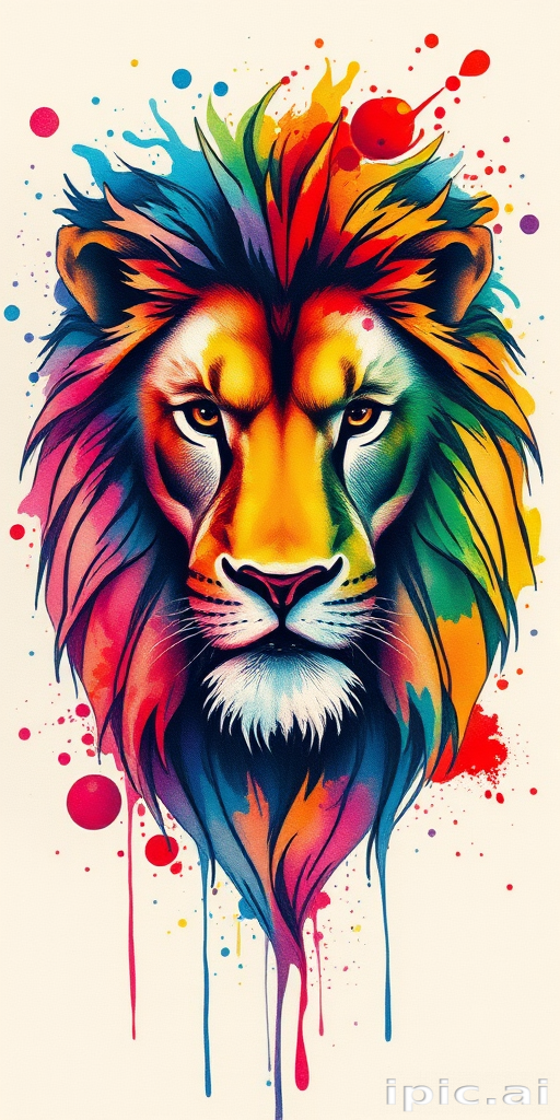 Watercolor splash tattoo creating an abstract representation of a majestic lion, vibrant primary colors bleeding into each other, energetic brushstrokes and ink splatters, fluid and dynamic