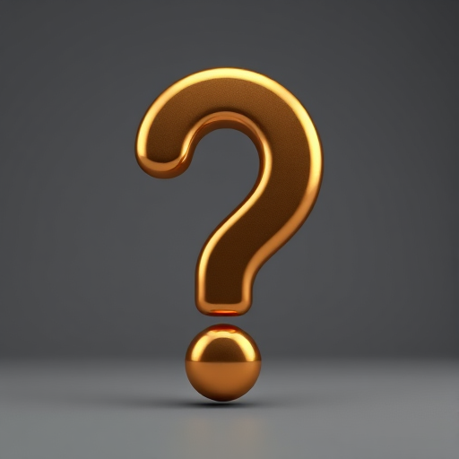 Create a high-resolution 3D rendering of a shiny golden question mark with a smooth surface, using a Canon EOS R5 camera at f/8 aperture, 50mm lens, ISO 100, soft studio lighting, and a neutral gray backdrop for optimal contrast and focus.