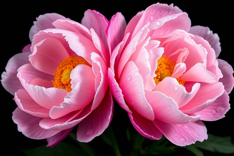 photography of two blooming pink peonies with water droplets on petals, black background, macro view, aperture f/2.8, shutter speed 1/125s, ISO 100, DSLR camera, natural light
