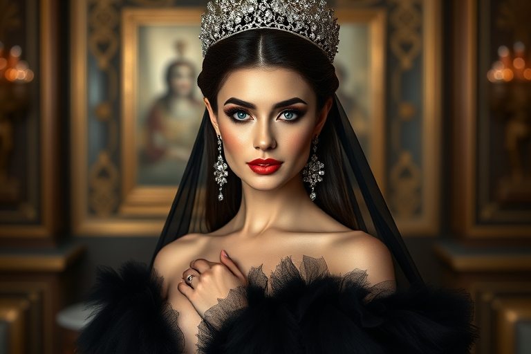 A gorgeous Azerbaijani woman in a luxurious black gown, accessorized with a dazzling tiara and statement earrings, her deep cyan eyes highlighted by impeccable makeup, poised in a royal setting, photorealistic, 8K quality